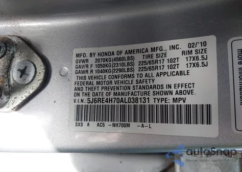 2010 Honda Cr-V Ex-L из США, поврежденный, VIN 5J6RE4H70AL038131